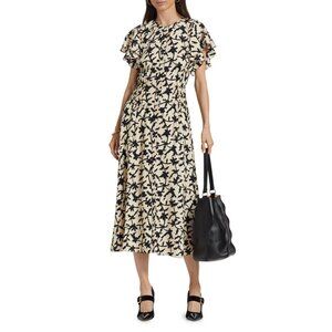 ULLA JOHNSON Anais ruffled printed crepe midi‎ dress in Beige Black 4